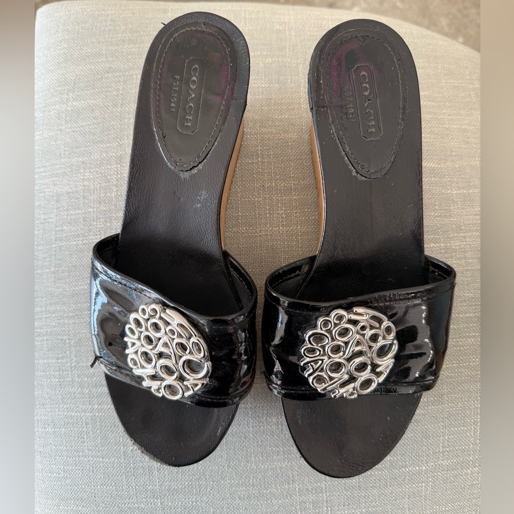 Coach Judith Cork Black Wedges Patent Leather Sandal Size 6.5 (used)